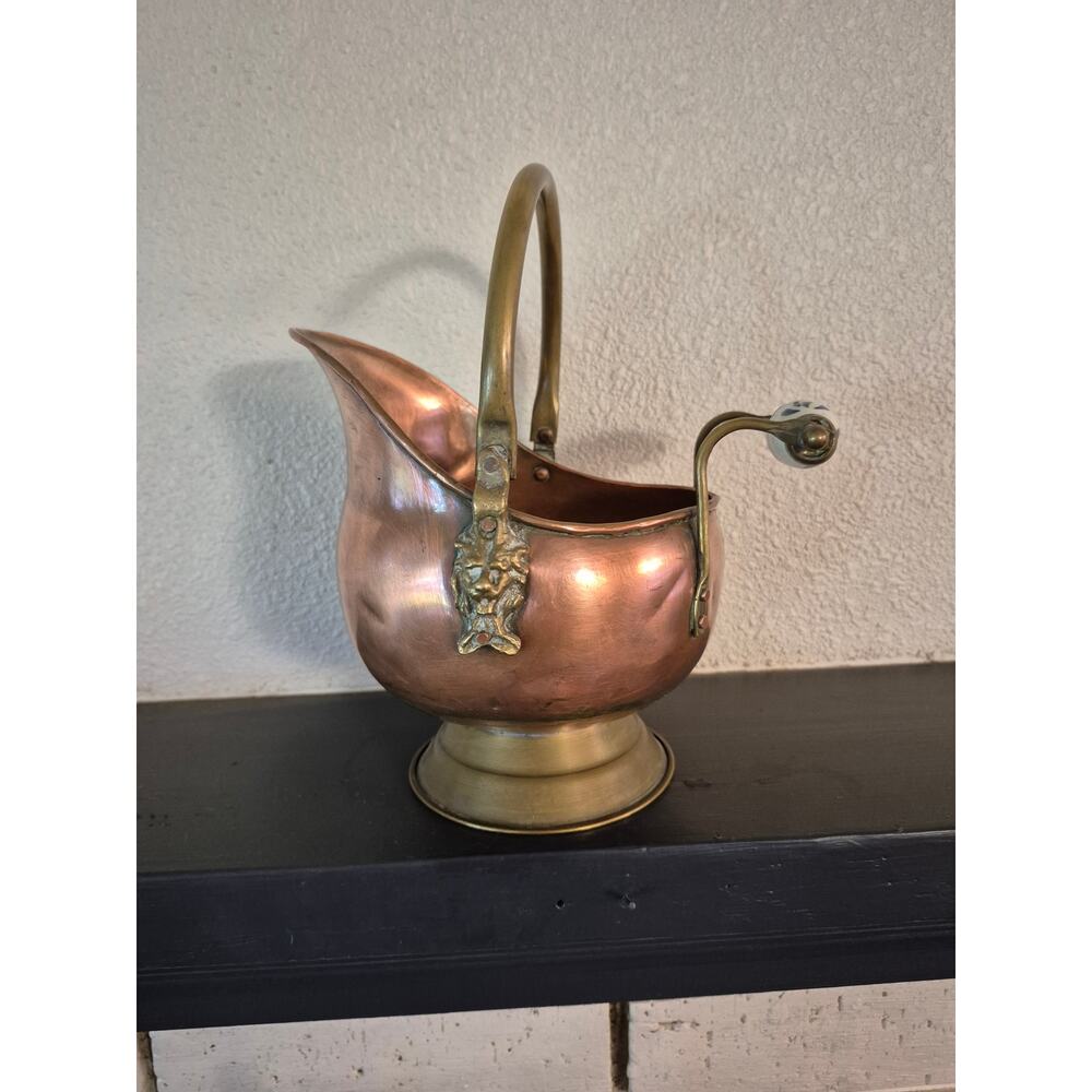 Vintage Copper Bucket with Porcelain and Brass Lion Handles.